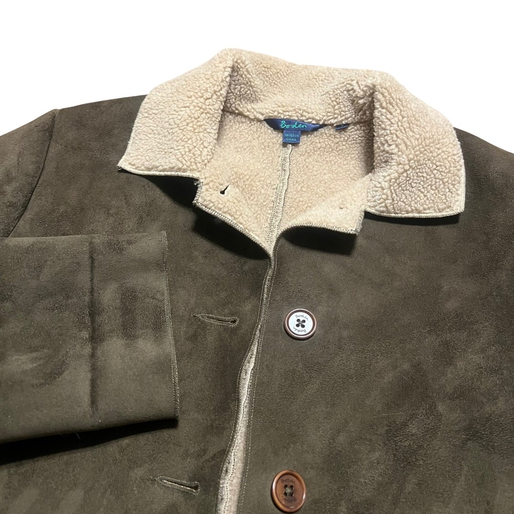 Boden Faux Suede Sherpa Lined Button Front Jacket Women's Size 8 Olive Green
